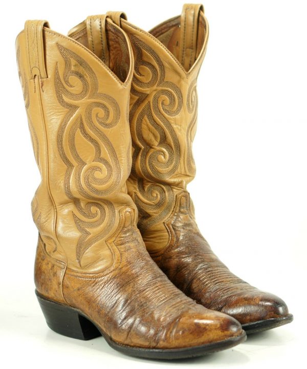 Tony Lama Distressed Brown Smooth Ostrich Cowboy Boots Vintage US Made Men's 7.5