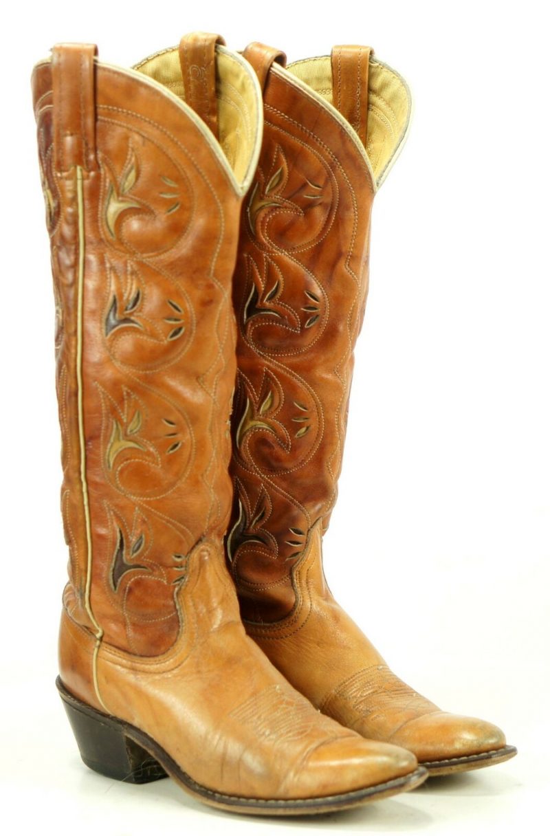 Acme Women's Vintage Knee High Tall Flower Inlay Cowboy Boots Boho Festival 5.5