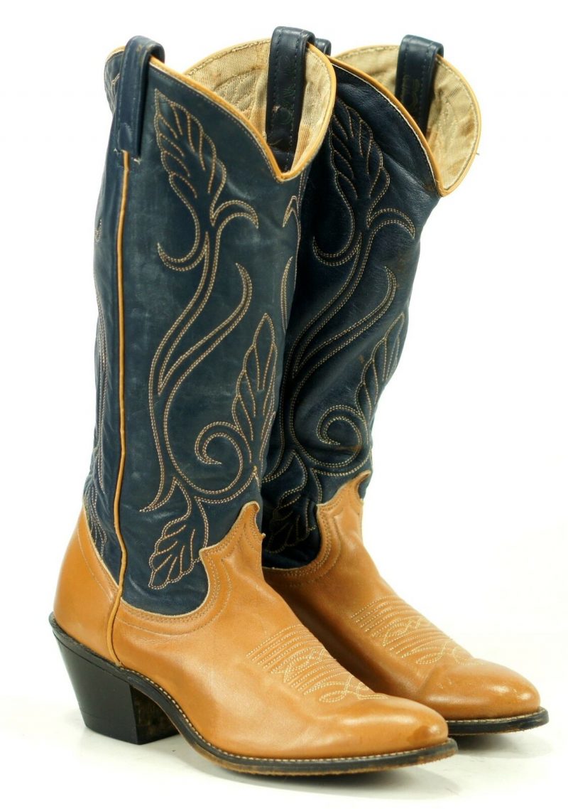 Acme Women's Royal Blue Tan Leather Cowboy Boots Boho Festival Vtg US Made 6 N