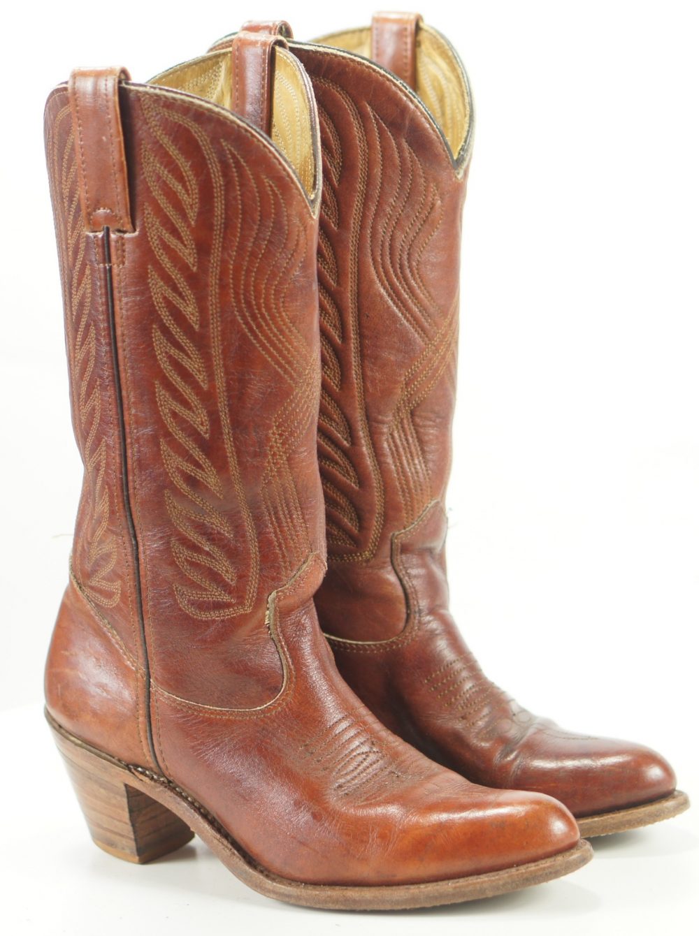 Women's Vintage Brown Leather Western Cowboy Boho Boots High Heel 7.5 M