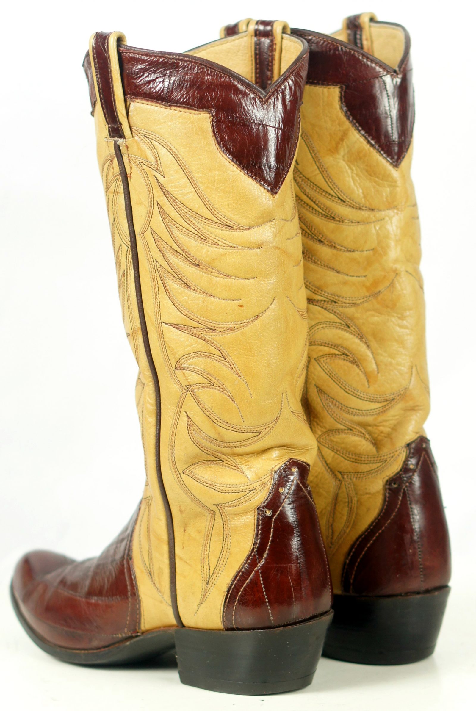 Custom Vintage 70s Mahogany & Butter Yellow Eelskin Cowboy Boots Women