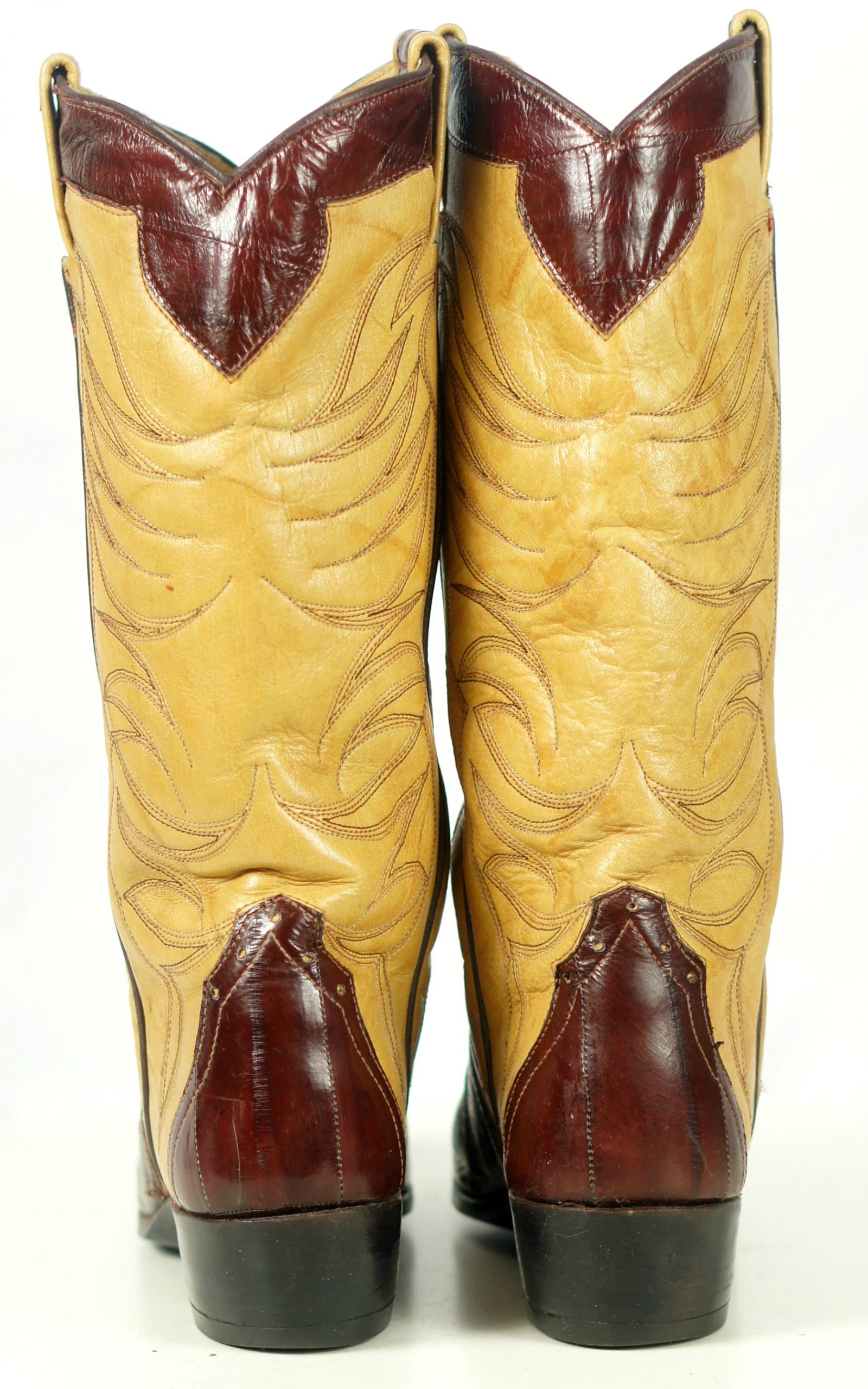 Custom Vintage 70s Mahogany & Butter Yellow Eelskin Cowboy Boots Women