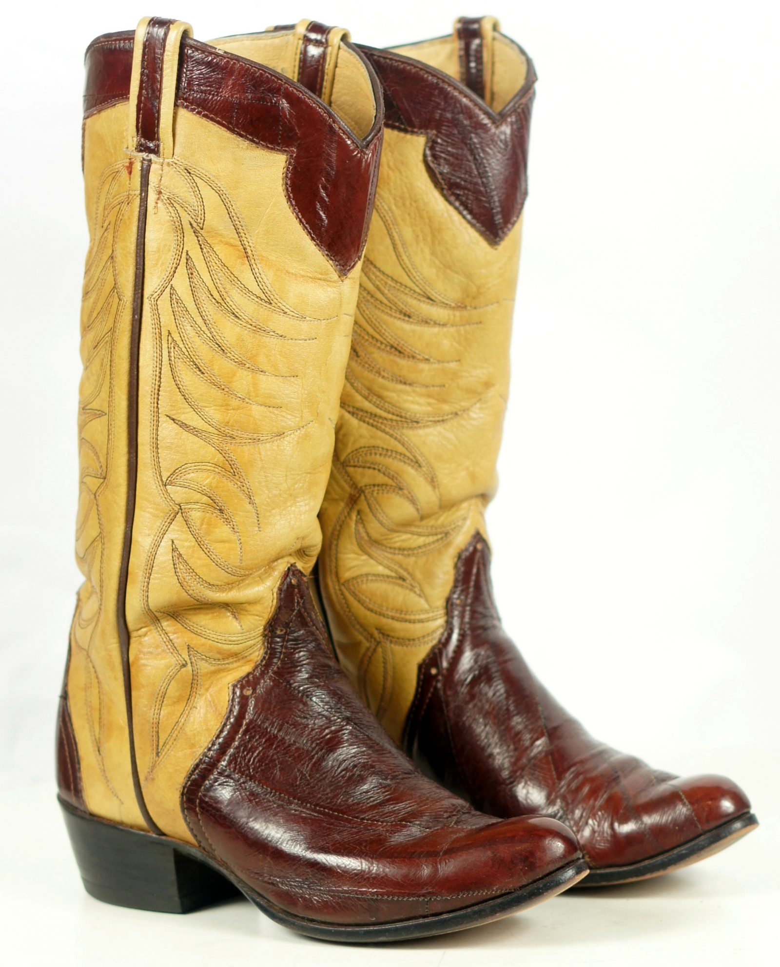 Custom Vintage 70s Mahogany & Butter Yellow Eelskin Cowboy Boots Women