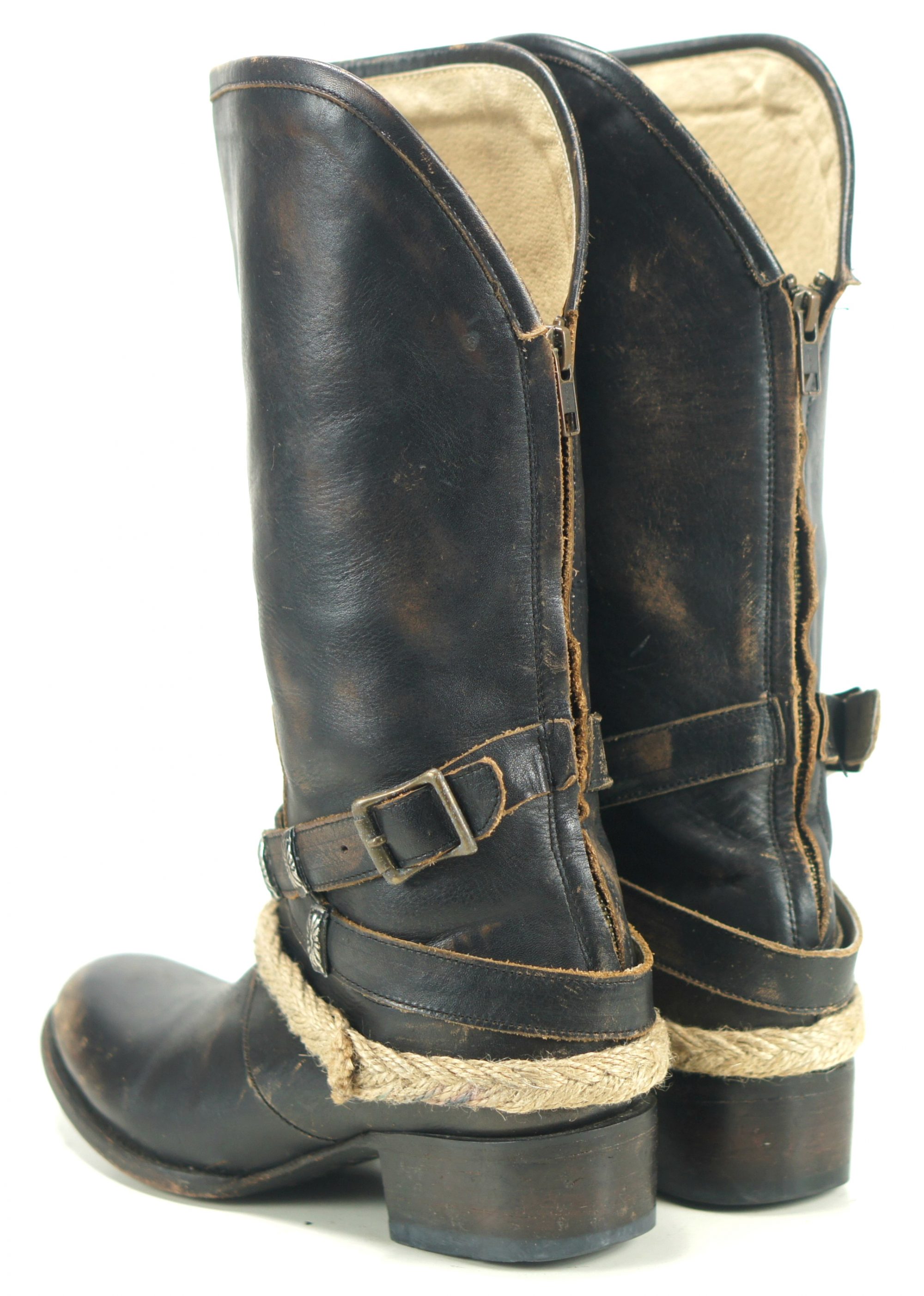 Freebird by Steven Drove Distressed Black Leather Biker Boots Zip