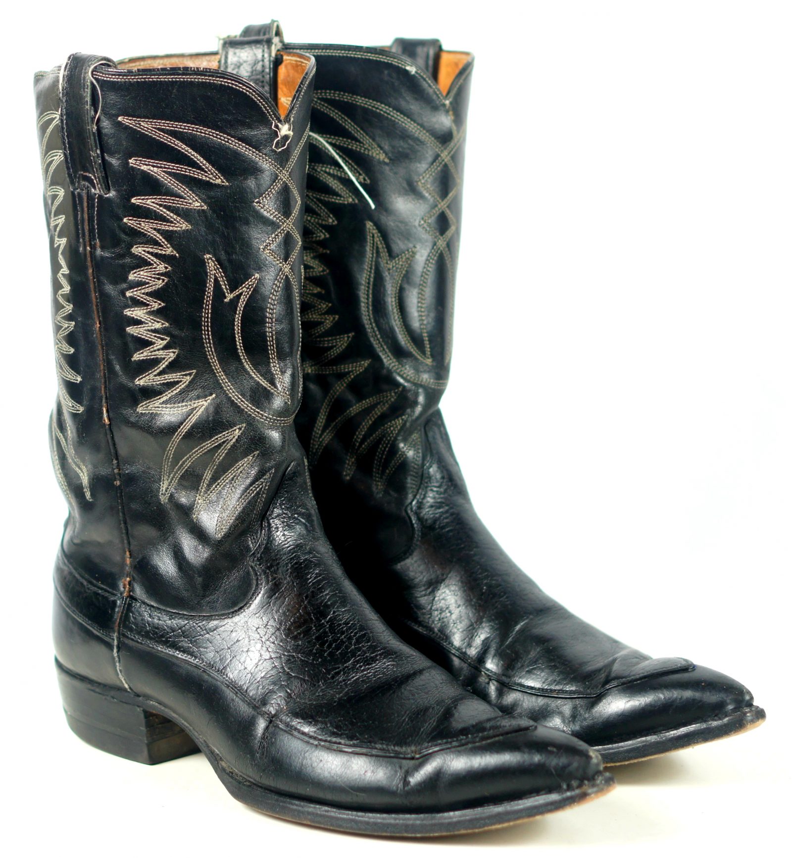 Justin Ft Worth Black Cowboy Boots Pointy Toe Vintage 70s US Made Men