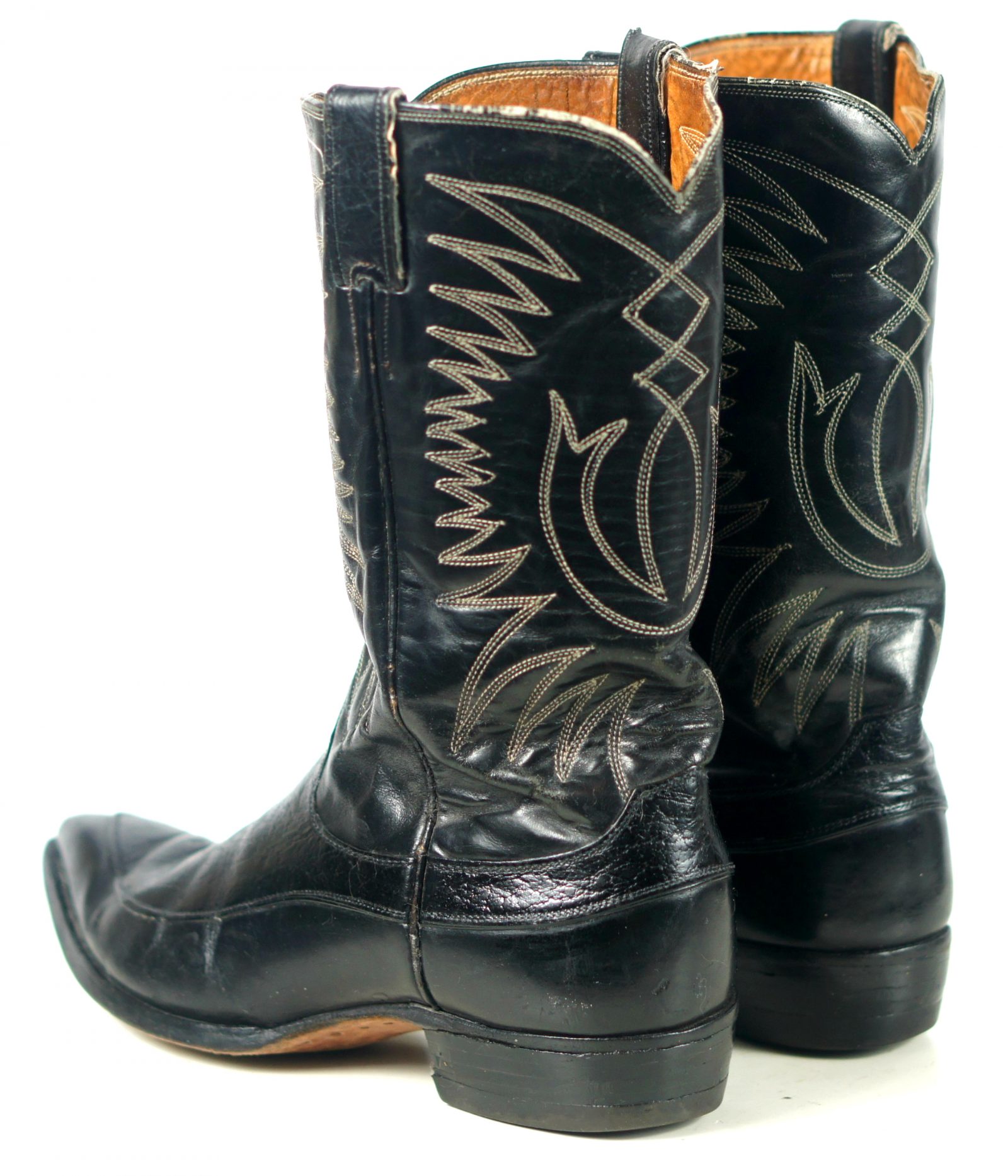 Justin Ft Worth Black Cowboy Boots Pointy Toe Vintage 70s US Made Men