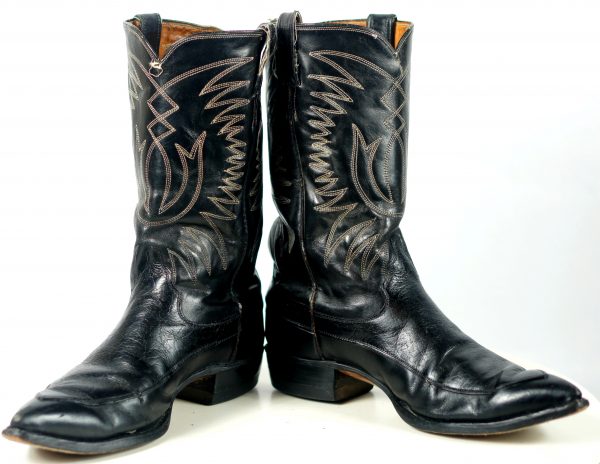 Justin Ft Worth Black Cowboy Boots Pointy Toe Vintage 70s US Made Men