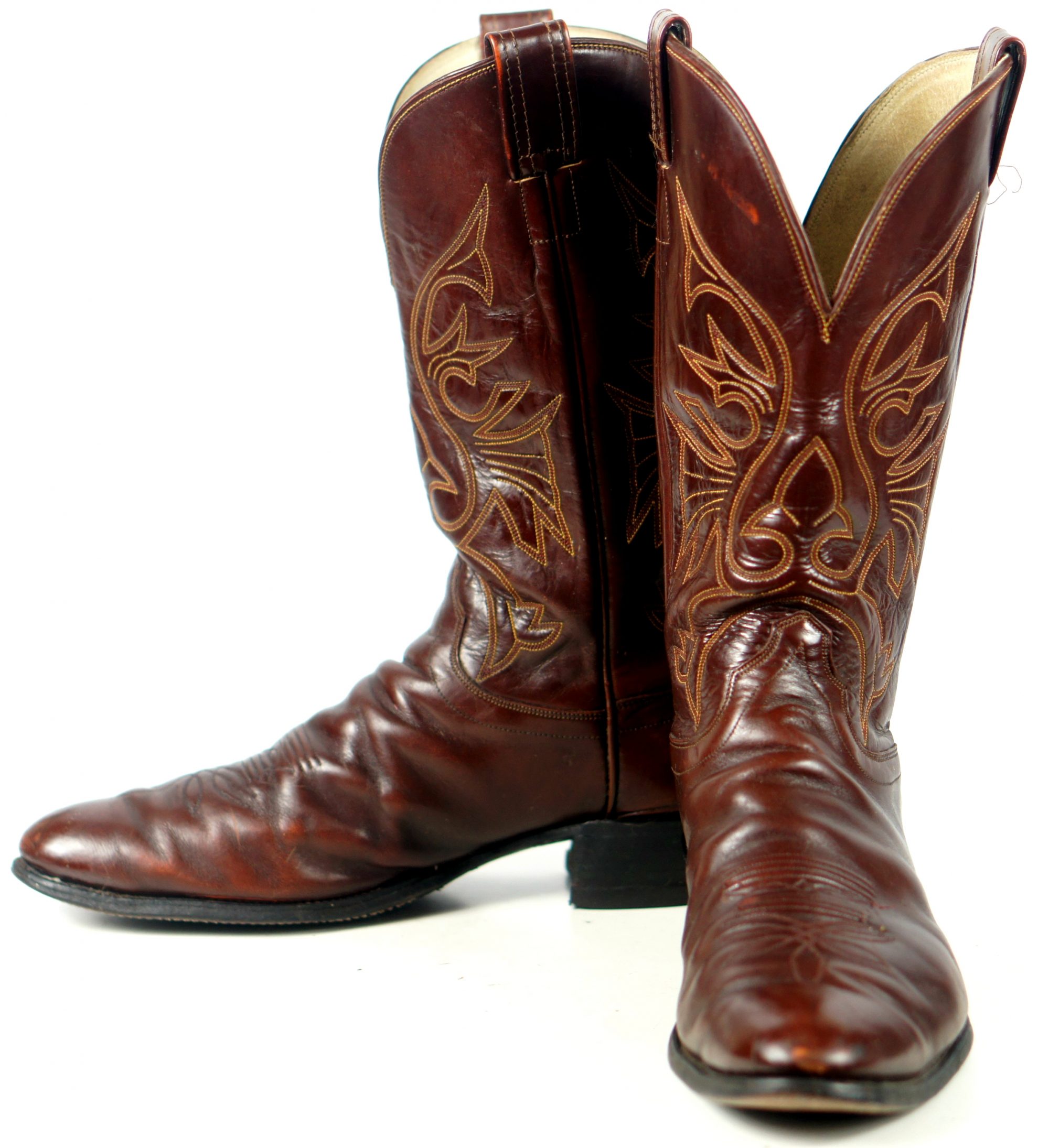 Olathe Cowboy Western Boots Brown Leather Deep Vees Vintage US Made Men ...