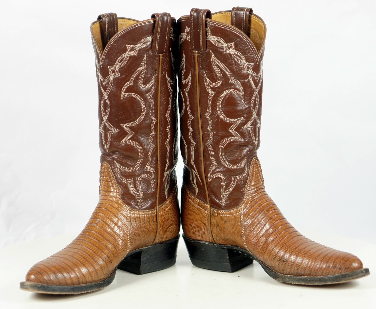 Tony Lama Brown Lizard Cowboy Boots Vintage Black Label US Made Mint Women