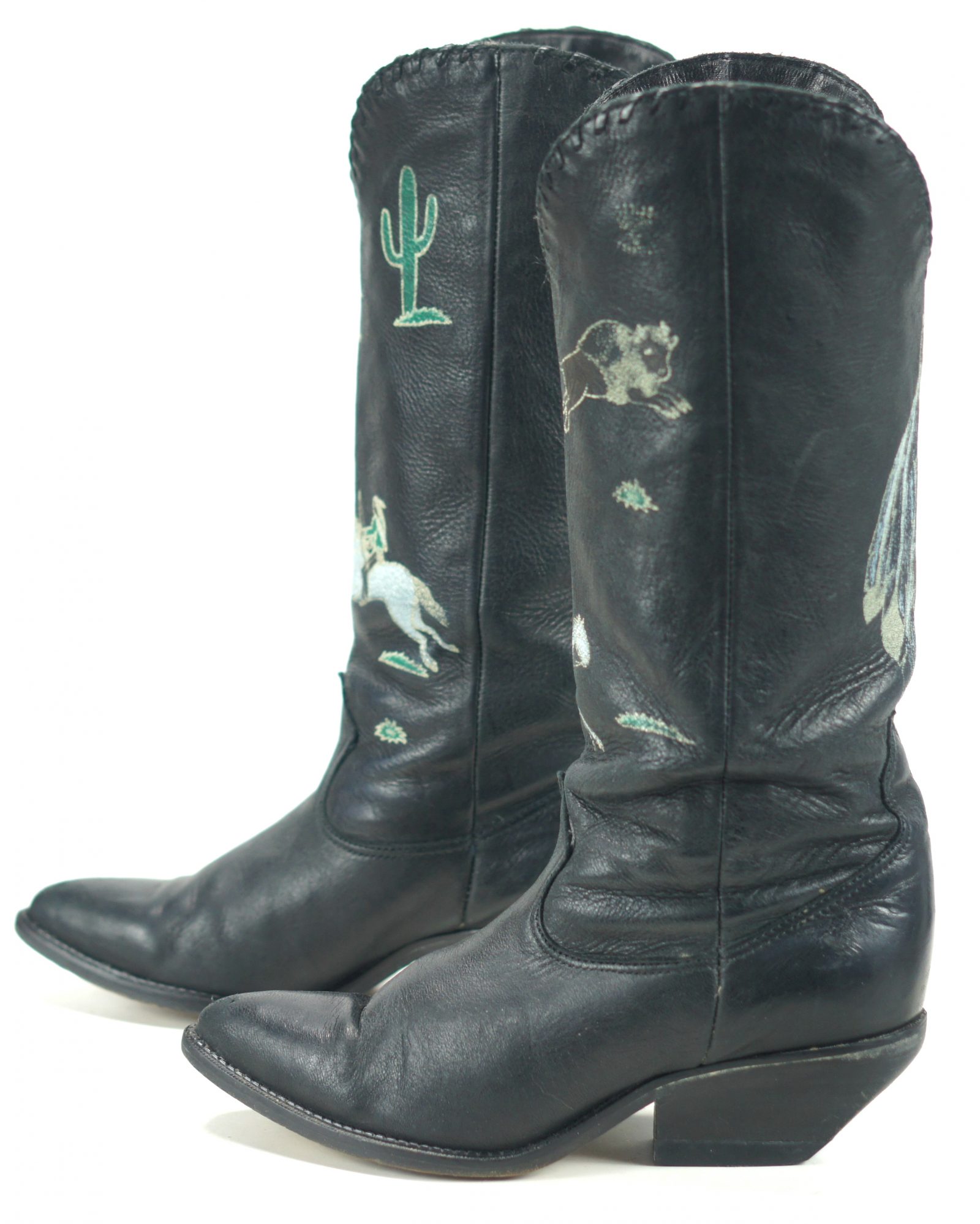 Zodiac Vintage Black Handpainted Cowboy Boots Cactus Feathers Indians Women