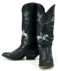 Zodiac Vintage Black Handpainted Cowboy Boots Cactus Feathers Indians Women