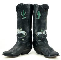 Zodiac Vintage Black Handpainted Cowboy Boots Cactus Feathers Indians Women