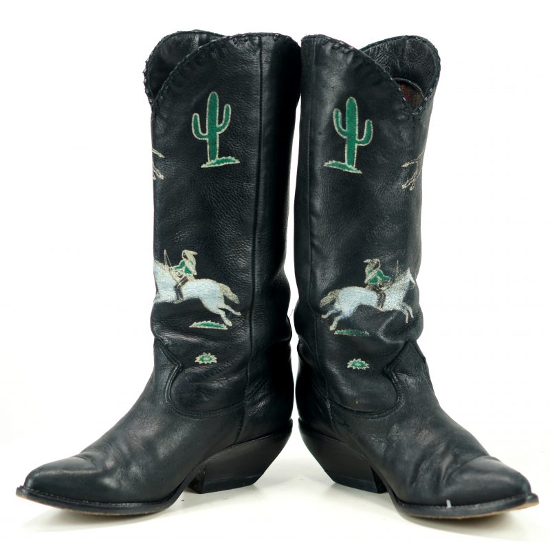 Zodiac Vintage Black Handpainted Cowboy Boots Cactus Feathers Indians Women