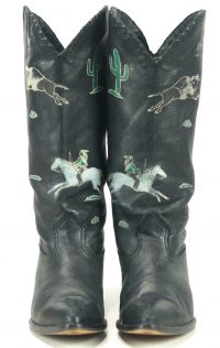 Zodiac Vintage Black Handpainted Cowboy Boots Cactus Feathers Indians Women