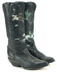 Zodiac Vintage Black Handpainted Cowboy Boots Cactus Feathers Indians Women