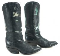 Zodiac Vintage Black Handpainted Cowboy Boots Cactus Feathers Indians Women