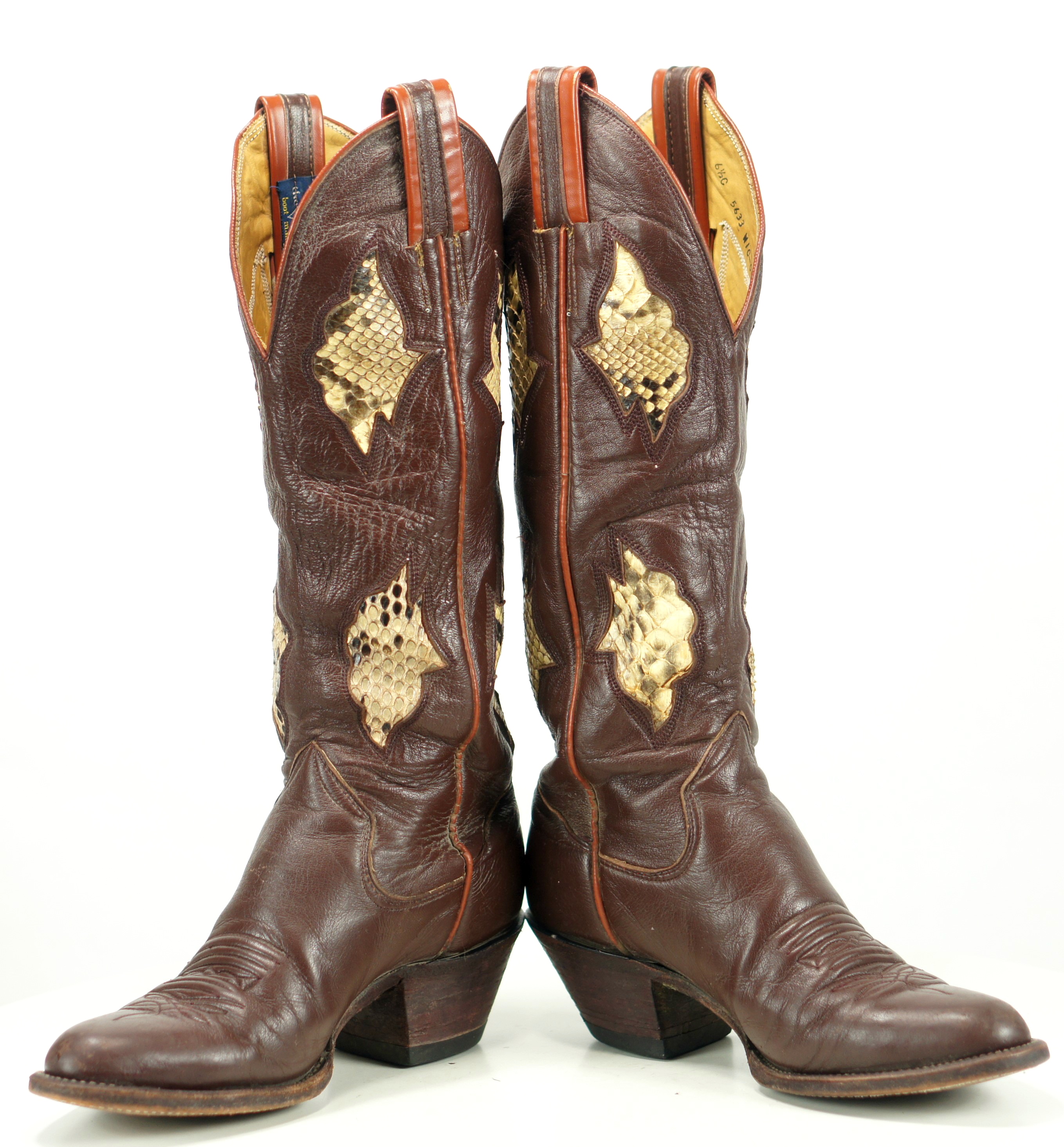 Sanders Vintage Womens 17 Inch Tall Cowboy Boots Brown Leather Inlay