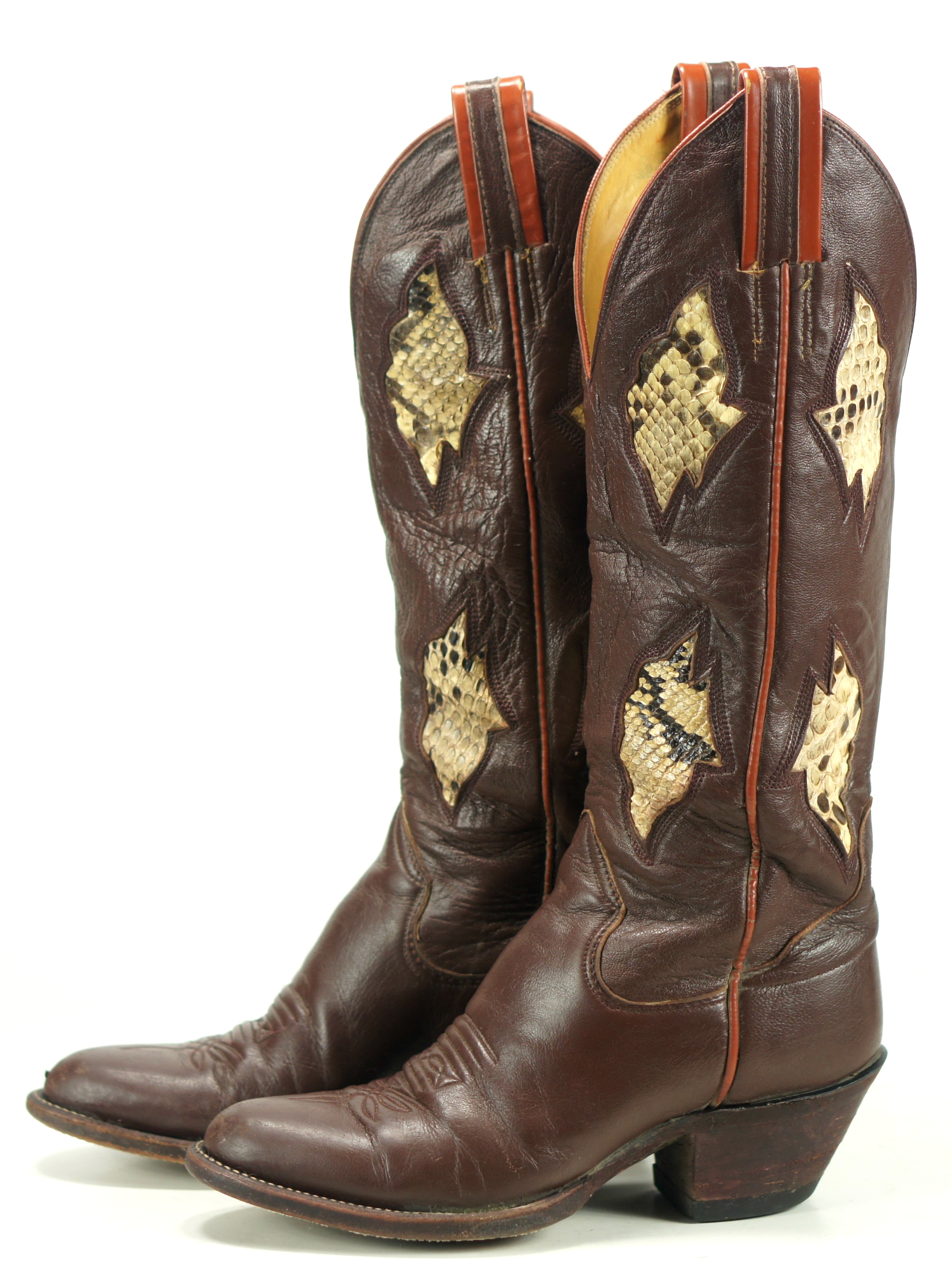 Sanders Vintage Womens 17 Inch Tall Cowboy Boots Brown Leather Inlay