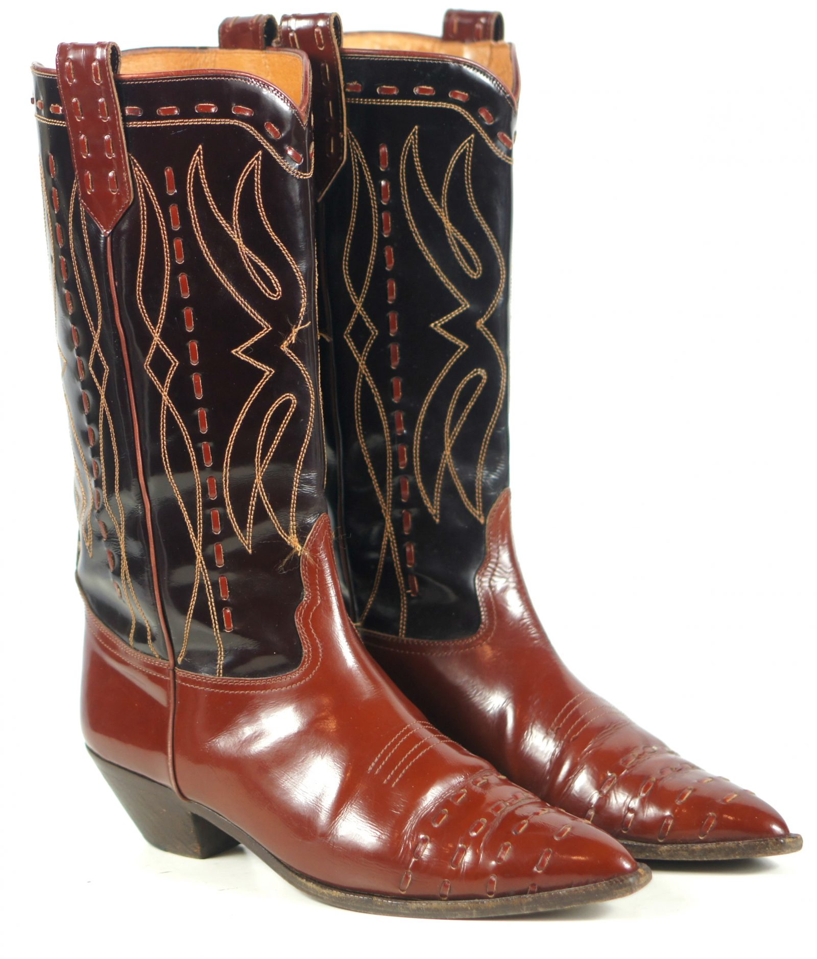 Donald Pliner Black & Brown Patent Leather Cowboy Western Boots Italy Women