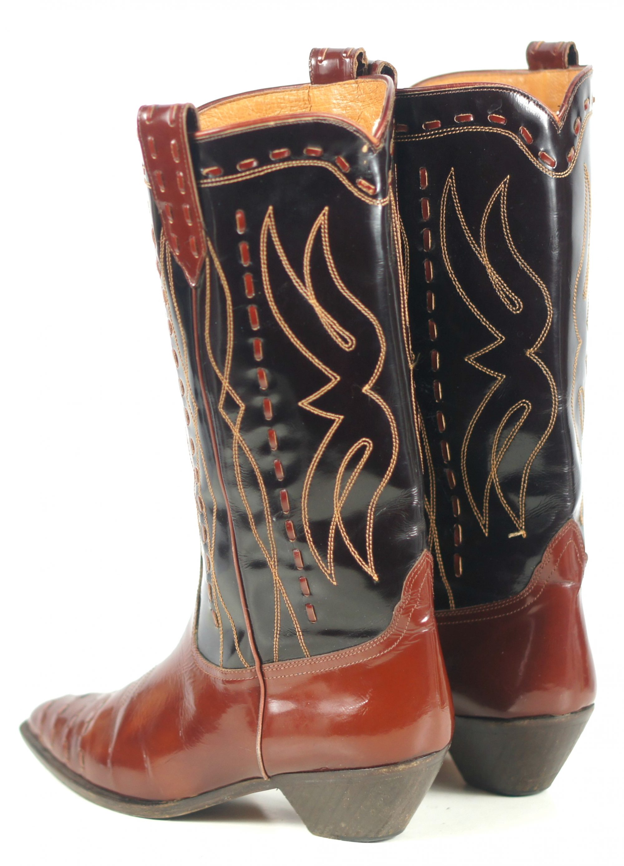 Donald Pliner Black & Brown Patent Leather Cowboy Western Boots Italy