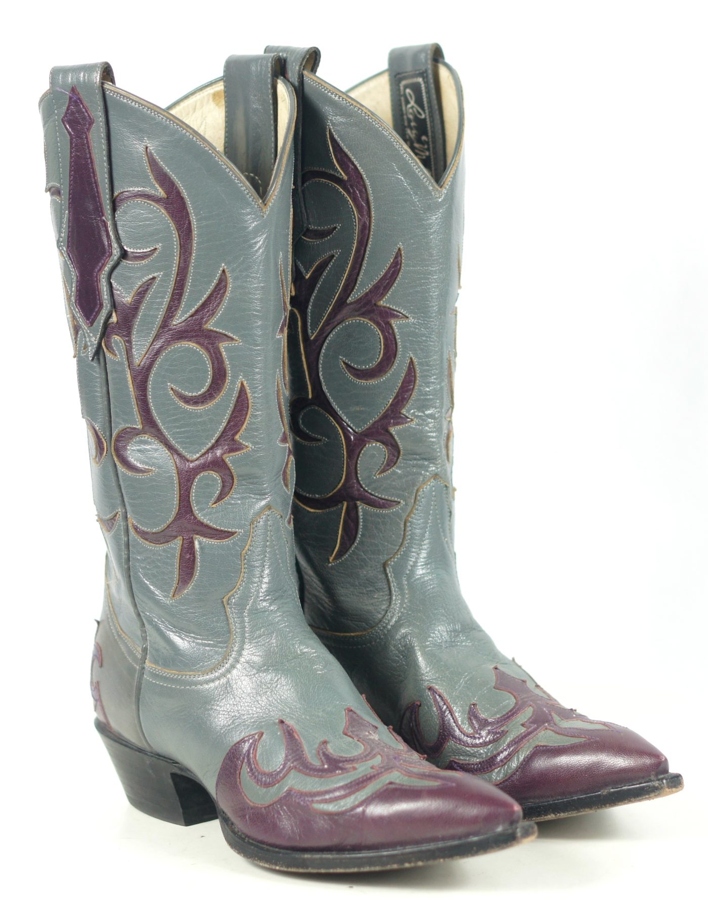 Larry Mahan Gray & Burgundy Inlay Cowboy Boots Vintage US Made Women's