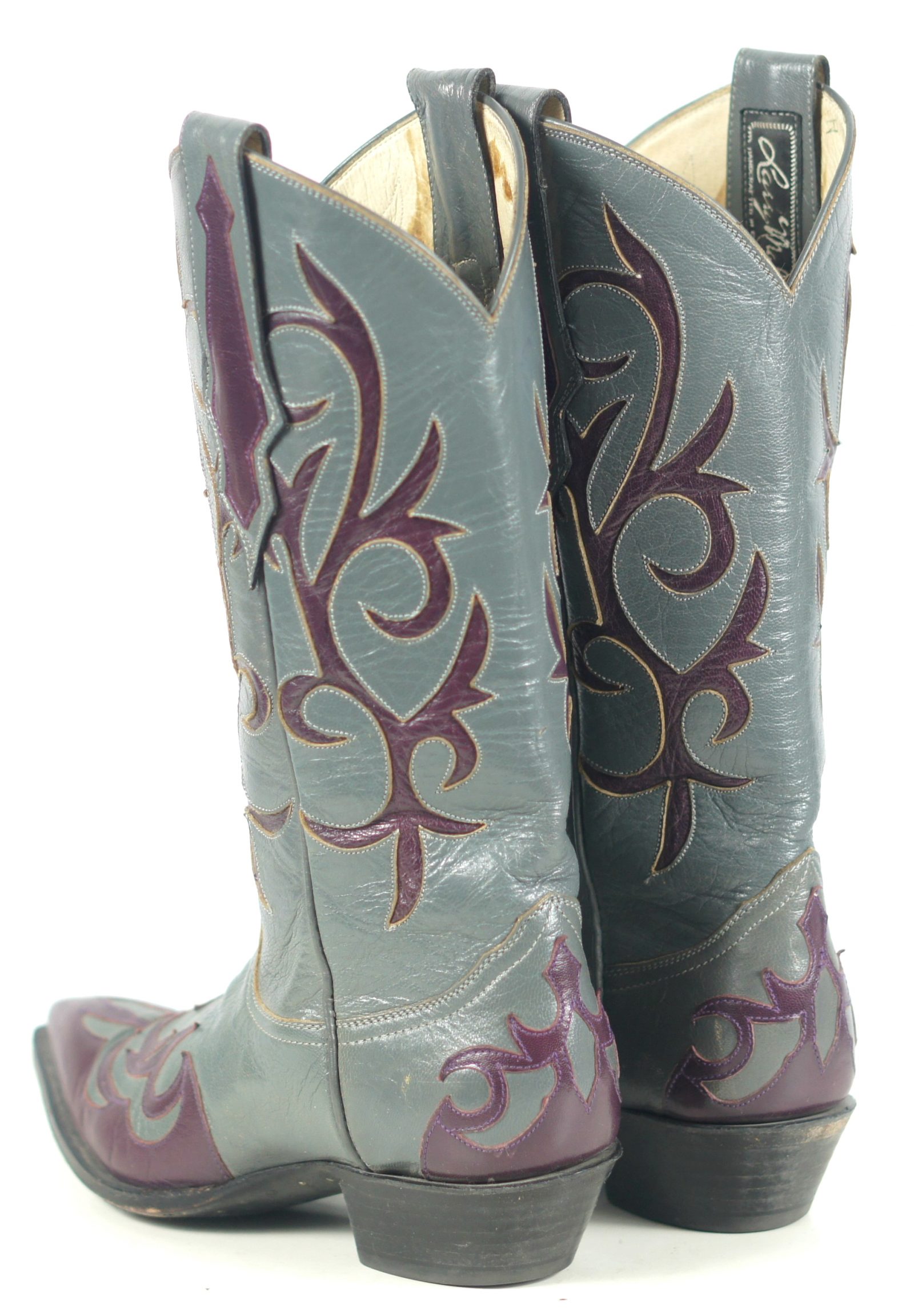 Larry Mahan Gray & Burgundy Inlay Cowboy Boots Vintage US Made Women