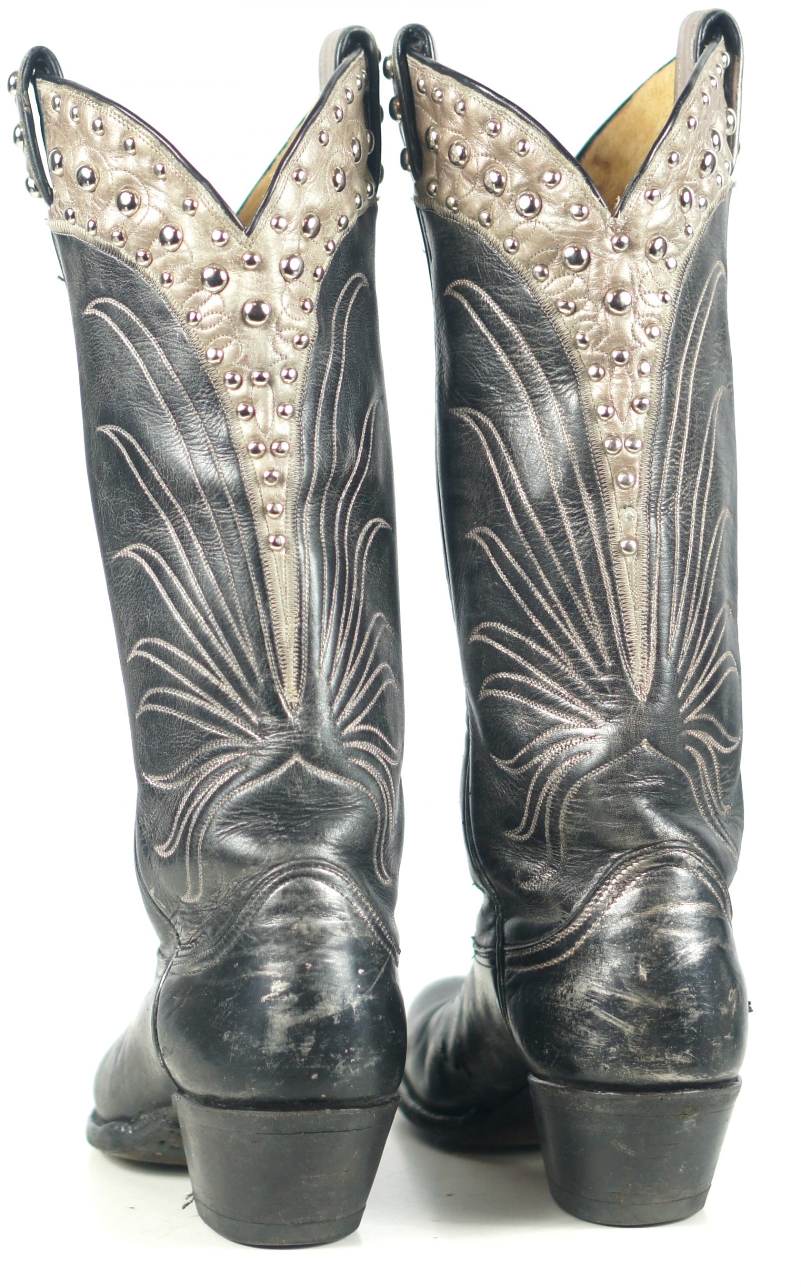 Tony Lama Black Gray Cowboy Boots Studded Collar Vintage Black Label Women