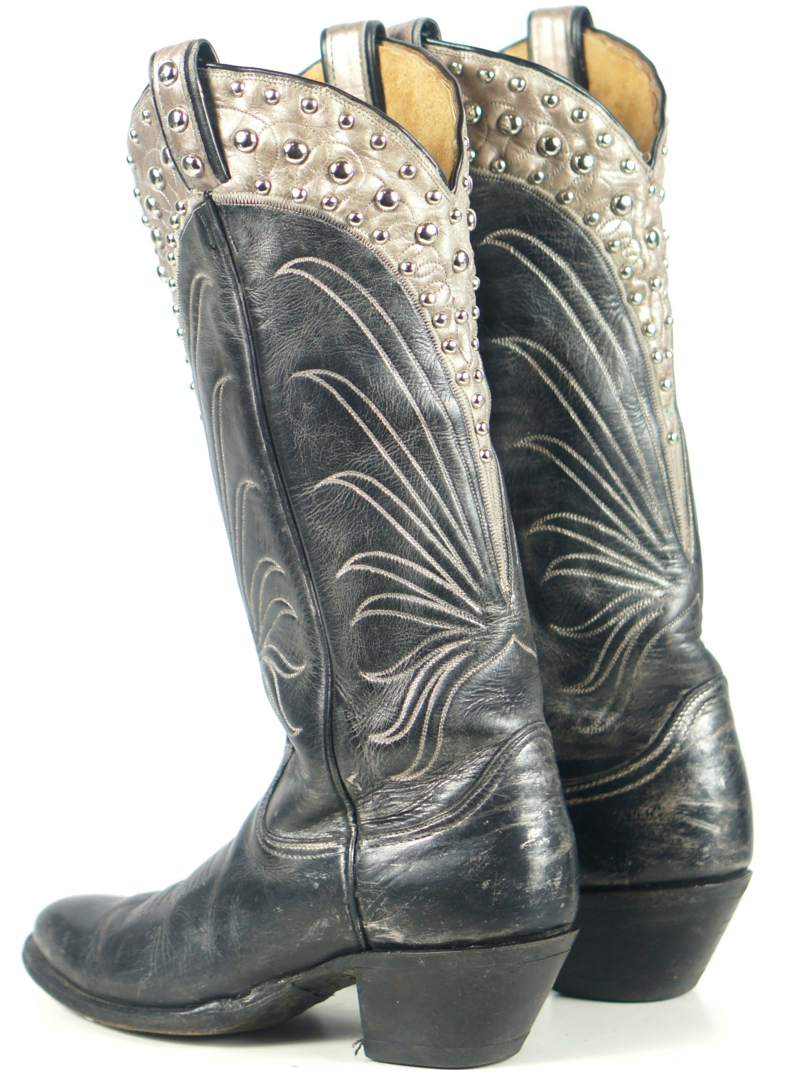 Tony Lama Black Gray Cowboy Boots Studded Collar Vintage Black Label Women