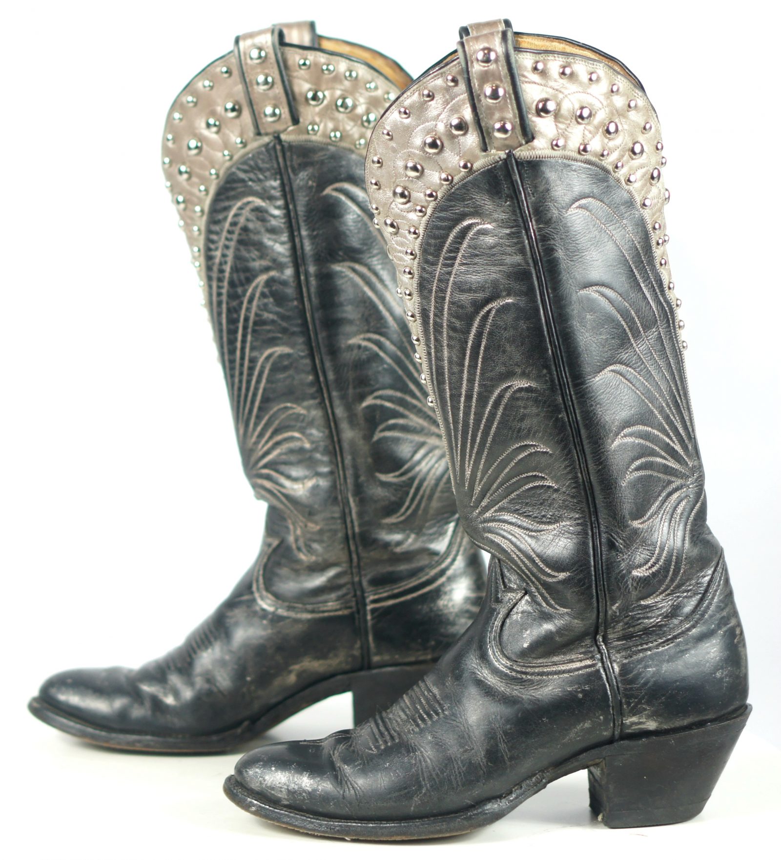 Tony Lama Black Gray Cowboy Boots Studded Collar Vintage Black Label Women