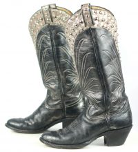 Tony Lama Black Gray Cowboy Boots Studded Collar Vintage Black Label Women