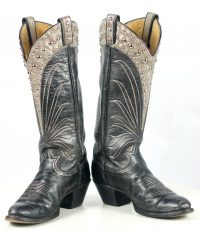 Tony Lama Black Gray Cowboy Boots Studded Collar Vintage Black Label Women