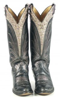 Tony Lama Black Gray Cowboy Boots Studded Collar Vintage Black Label Women