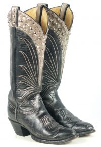 Tony Lama Black Gray Cowboy Boots Studded Collar Vintage Black Label Women