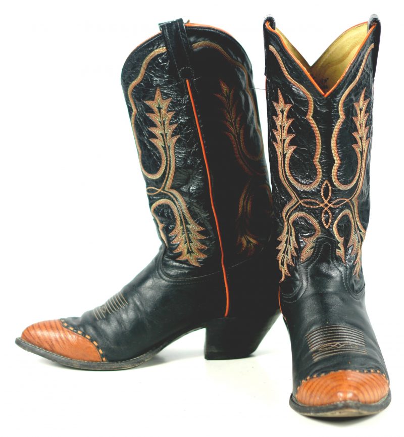 Tony Lama Black Leather Cowboy Boots Pumpkin Wingtip Vintage US Made Men