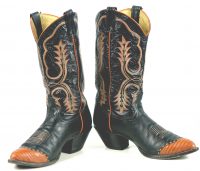 Tony Lama Black Leather Cowboy Boots Pumpkin Wingtip Vintage US Made Men