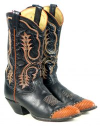 Tony Lama Black Leather Cowboy Boots Pumpkin Wingtip Vintage US Made Men