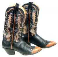 Tony Lama Black Leather Cowboy Boots Pumpkin Wingtip Vintage US Made Men