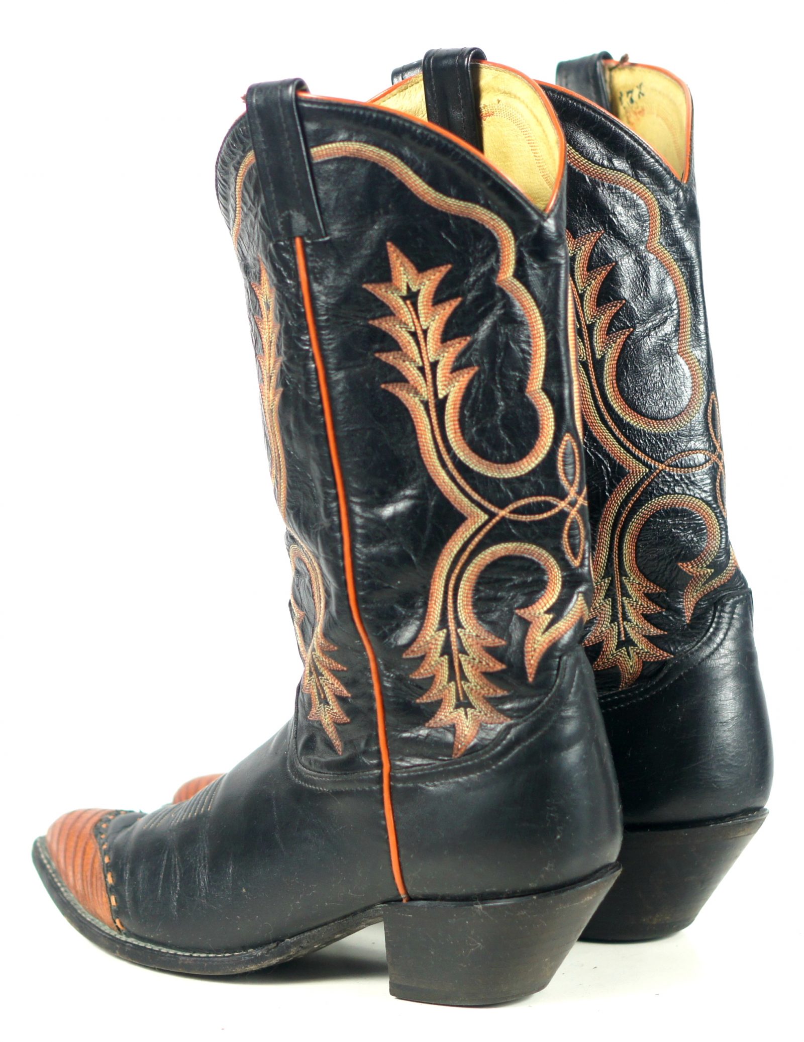 Tony Lama Black Leather Cowboy Boots Pumpkin Wingtip Vintage US Made Men