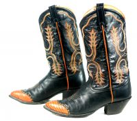 Tony Lama Black Leather Cowboy Boots Pumpkin Wingtip Vintage US Made Men