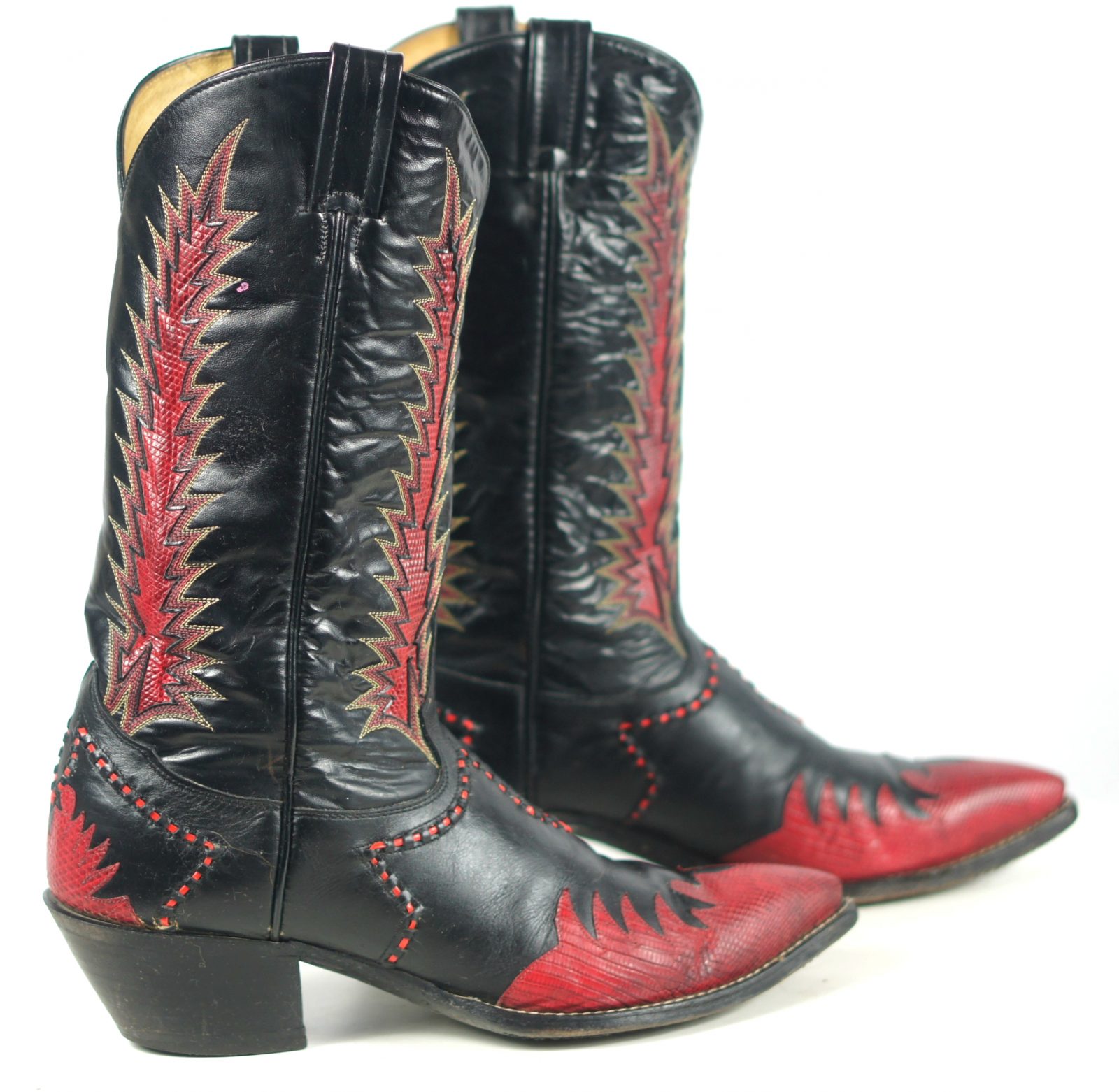 Tony Lama Firewalker Cowboy Western Boots Red & Black Inlay Vintage 80s Mens (4)