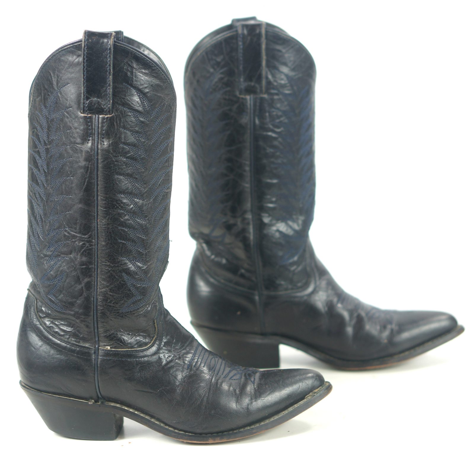 Diamond J Black Leather Cowboy Western Riding Boots Blue Stitch Women