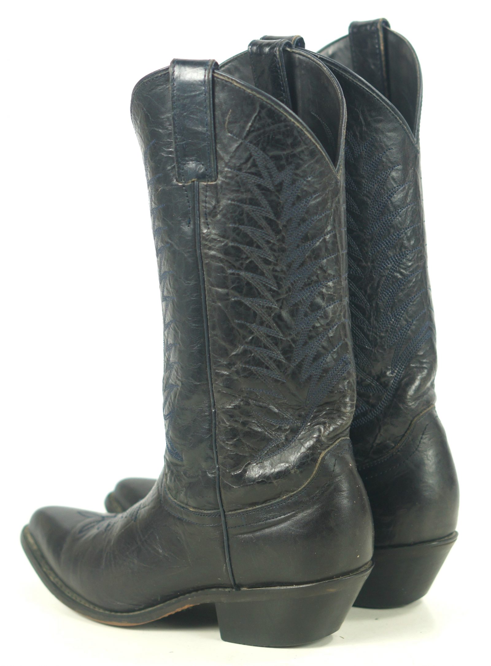 Diamond J Black Leather Cowboy Western Riding Boots Blue Stitch Women