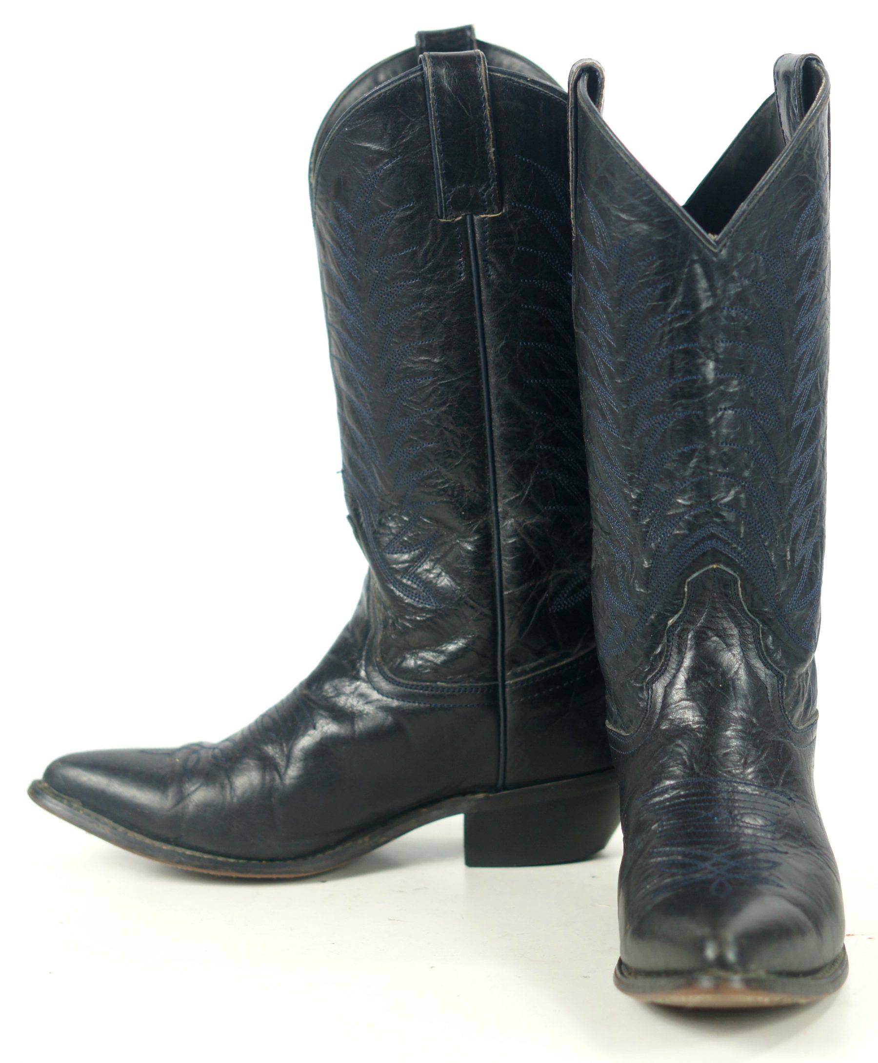 Diamond J Black Leather Cowboy Western Riding Boots Blue Stitch Women's