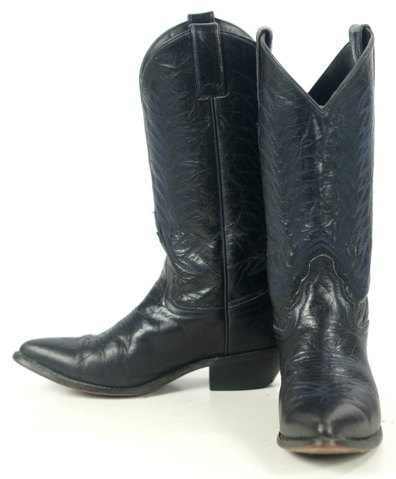 Diamond J Black Leather Cowboy Western Riding Boots Blue Stitch Women