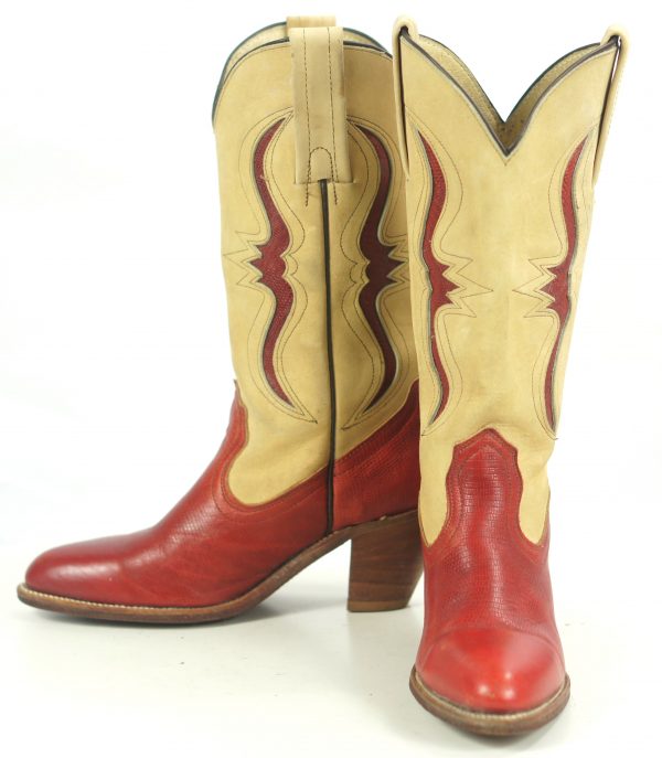 Frye Red & Tan Western Cowboy Boots Lizard Inlay Vintage US Made Women