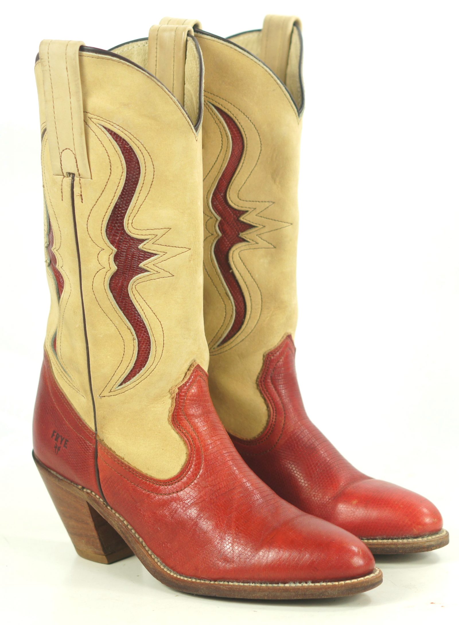 Frye Red & Tan Western Cowboy Boots Lizard Inlay Vintage US Made Women