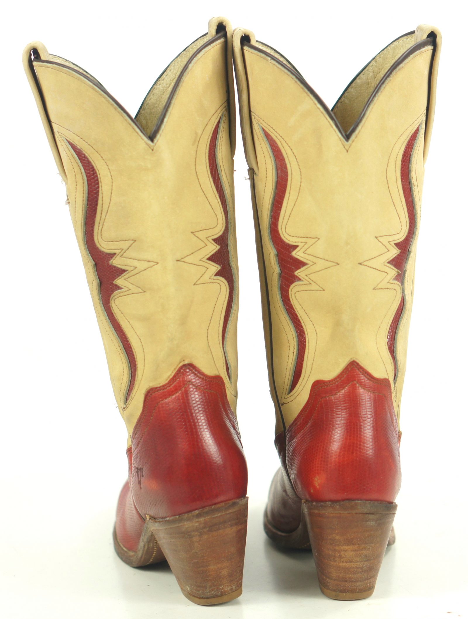 Frye Red & Tan Western Cowboy Boots Lizard Inlay Vintage US Made Women
