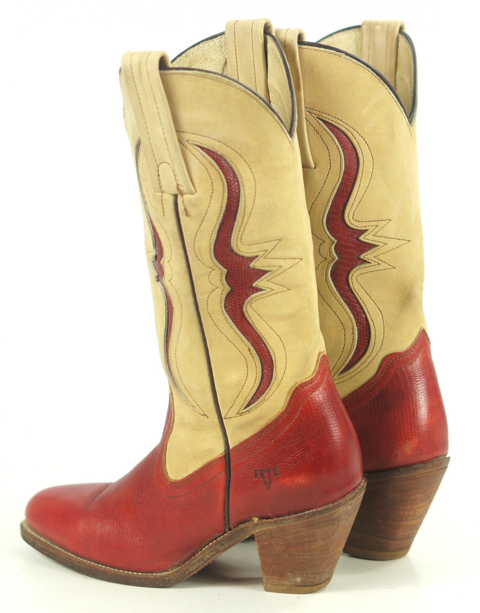 Frye Red & Tan Western Cowboy Boots Lizard Inlay Vintage US Made Women