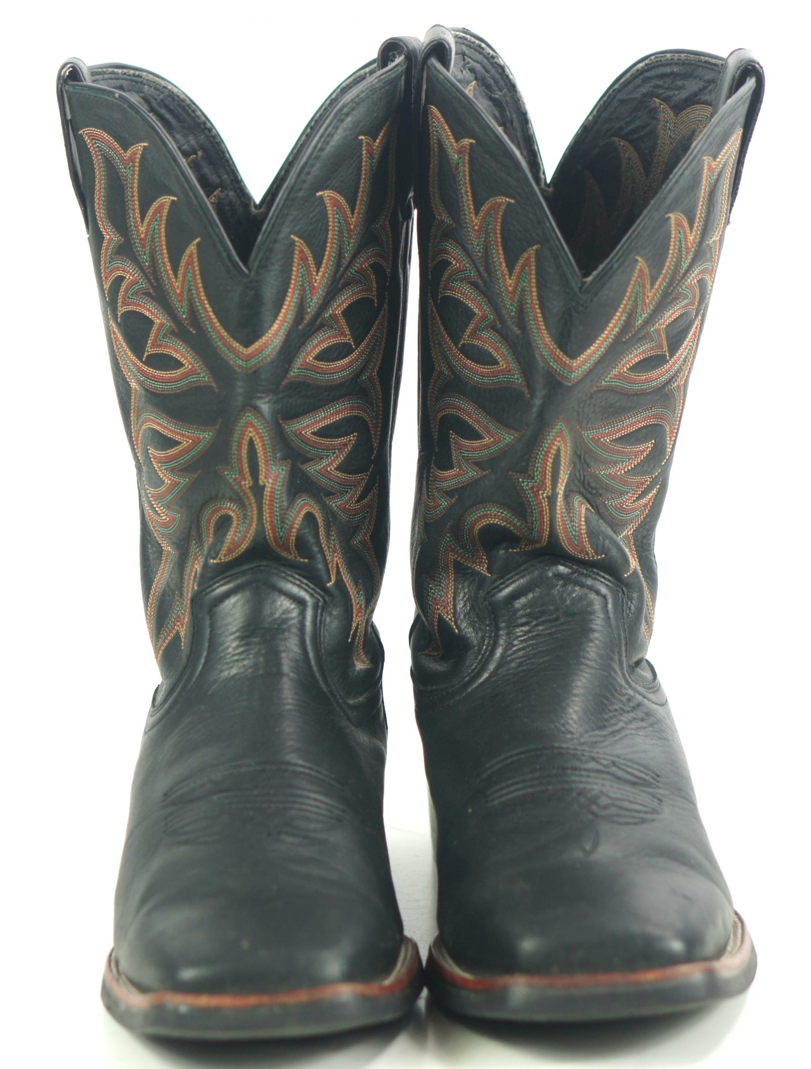 Justin Black Leather Cowboy Boots Wide Square Toe 8 Row Rainbow Stitch ...