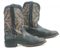 Justin Black Leather Cowboy Boots Wide Square Toe 8 Row Rainbow Stitch Men